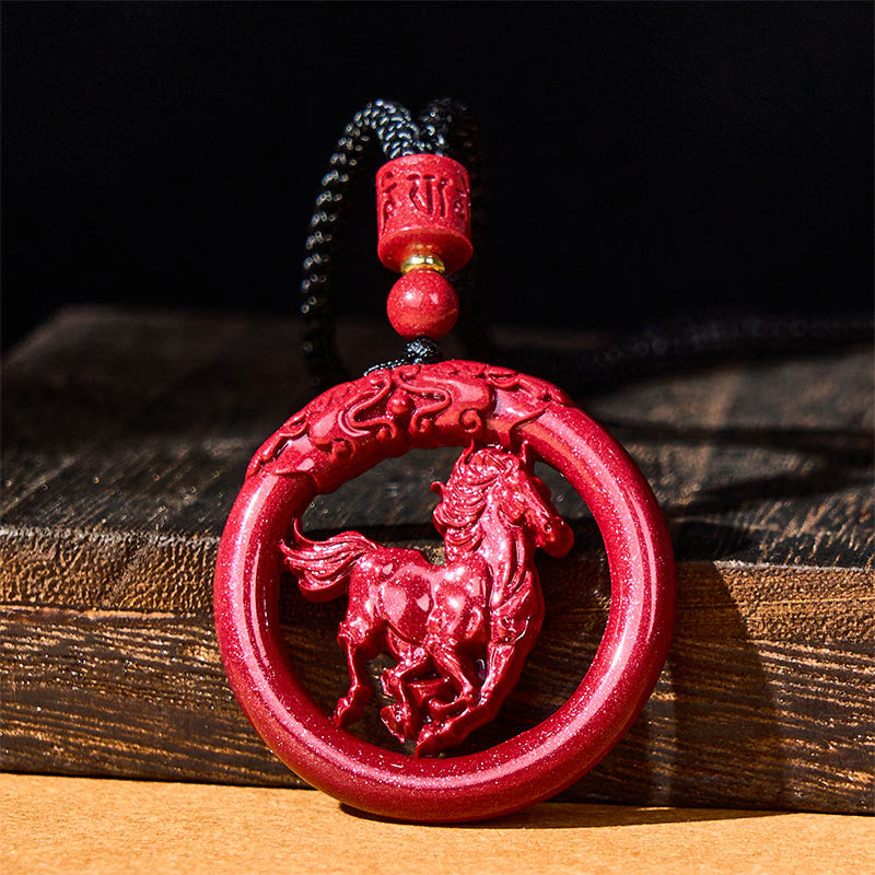 Fortune Jewel Year Of The Horse Carving Peace Buckle Natural Cinnabar Concentration Necklace Pendant - Fortune Jewel