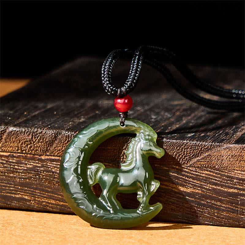 Fortune Jewel Chinese Zodiac Year Of The Horse Charm Carved Jade Luck Prosperity Necklace Pendants - Fortune Jewel