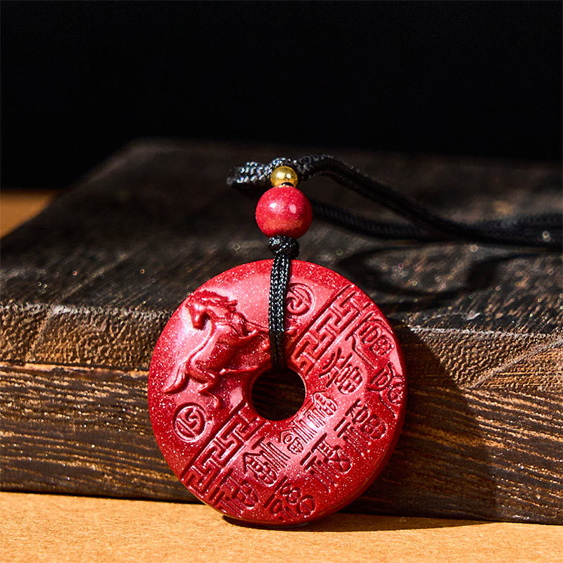 Fortune Jewel Year Of The Horse Carved Fu Character Peace Buckle Design Cinnabar Blessing Auspicious Necklace Pendant - Fortune Jewel