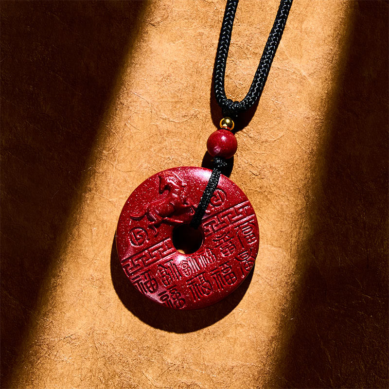 Fortune Jewel Year Of The Horse Carved Fu Character Peace Buckle Design Cinnabar Blessing Auspicious Necklace Pendant - Fortune Jewel