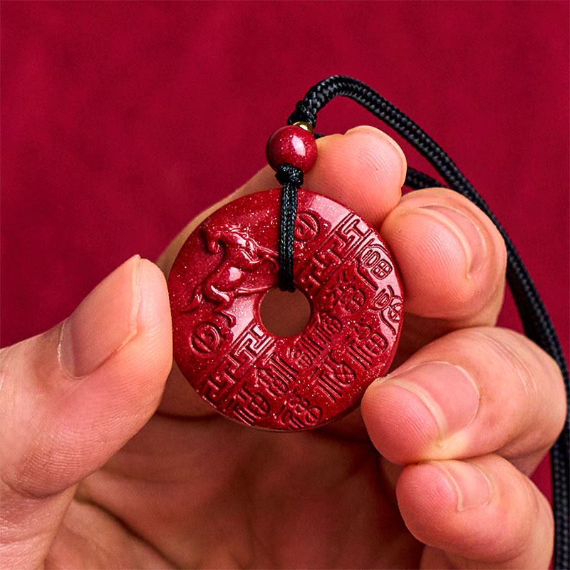 Fortune Jewel Year Of The Horse Carved Fu Character Peace Buckle Design Cinnabar Blessing Auspicious Necklace Pendant - Fortune Jewel