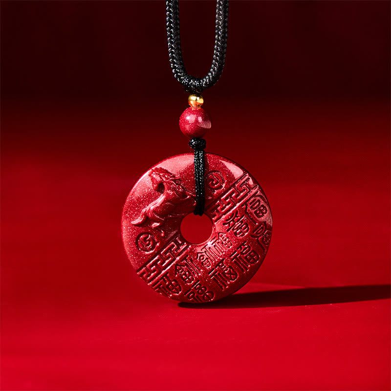 Fortune Jewel Year Of The Horse Carved Fu Character Peace Buckle Design Cinnabar Blessing Auspicious Necklace Pendant - Fortune Jewel
