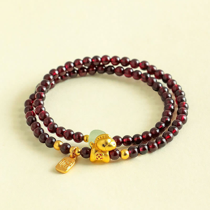 Fortune Jewel Year Of The Horse Garnet Jade Fu Character Stability Double Wrap Bracelet - Fortune Jewel