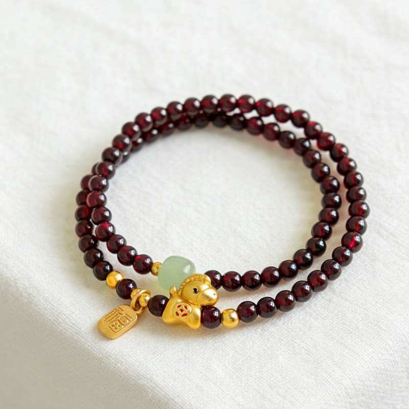 Fortune Jewel Year Of The Horse Garnet Jade Fu Character Stability Double Wrap Bracelet - Fortune Jewel