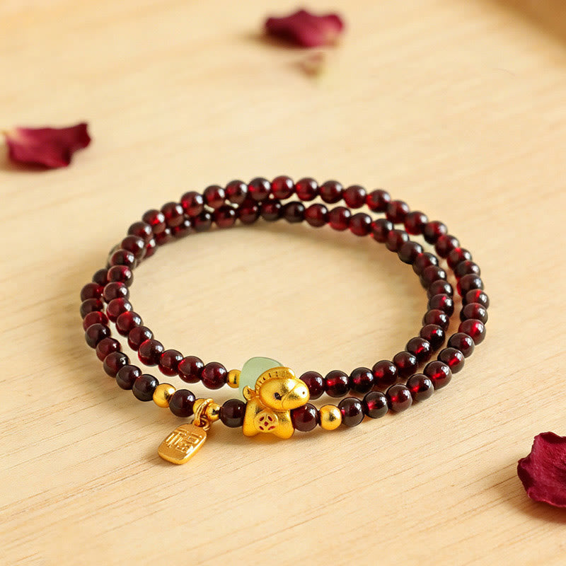 Fortune Jewel Year Of The Horse Garnet Jade Fu Character Stability Double Wrap Bracelet - Fortune Jewel