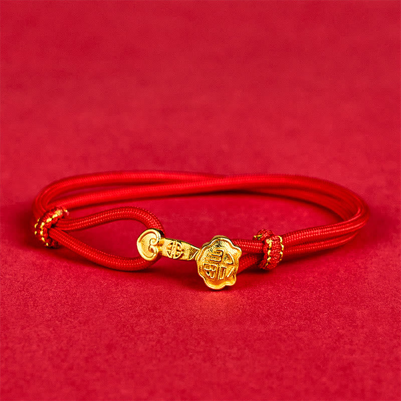 Fortune Jewel Ruyi Handle Fu Character Copper Plated Gold Rope Adjustable Luck Bracelet - Fortune Jewel
