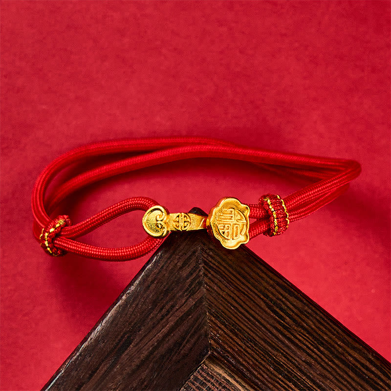 Fortune Jewel Ruyi Handle Fu Character Copper Plated Gold Rope Adjustable Luck Bracelet - Fortune Jewel