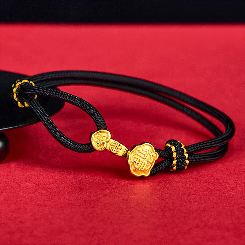 Fortune Jewel Ruyi Handle Fu Character Copper Plated Gold Rope Adjustable Luck Bracelet - Fortune Jewel