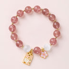 Fortune Jewel Lucky Cat Peach Blossoms Charm Strawberry Quartz White Cat's Eye Healing Bracelet - Fortune Jewel