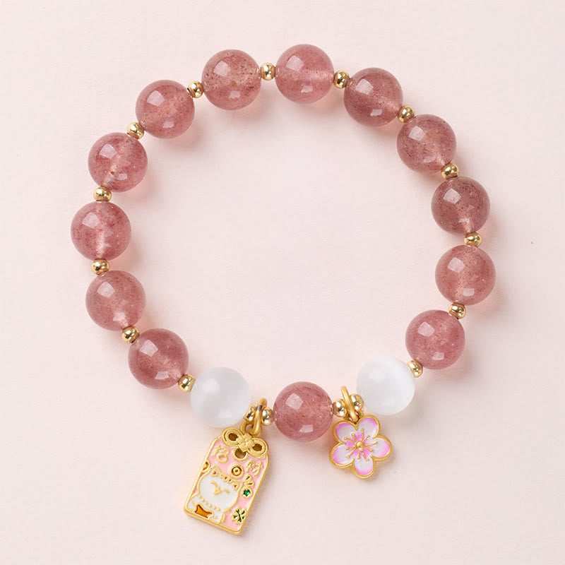 Fortune Jewel Lucky Cat Peach Blossoms Charm Strawberry Quartz White Cat's Eye Healing Bracelet - Fortune Jewel