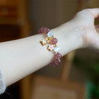 Fortune Jewel Lucky Cat Peach Blossoms Charm Strawberry Quartz White Cat's Eye Healing Bracelet - Fortune Jewel
