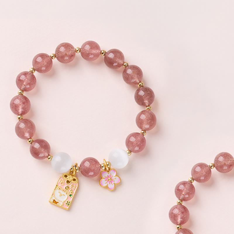 Fortune Jewel Lucky Cat Peach Blossoms Charm Strawberry Quartz White Cat's Eye Healing Bracelet - Fortune Jewel