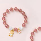 Fortune Jewel Lucky Cat Peach Blossoms Charm Strawberry Quartz White Cat's Eye Healing Bracelet - Fortune Jewel