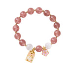 Fortune Jewel Lucky Cat Peach Blossoms Charm Strawberry Quartz White Cat's Eye Healing Bracelet - Fortune Jewel
