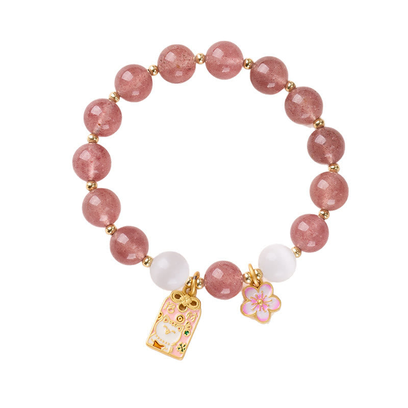 Fortune Jewel Lucky Cat Peach Blossoms Charm Strawberry Quartz White Cat's Eye Healing Bracelet - Fortune Jewel