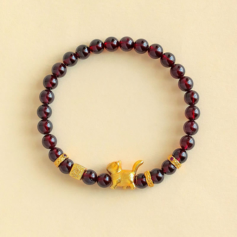 Fortune Jewel Cute Lucky Cat Charm Garnet Cinnabar Calm Protection Beaded Bracelet - Fortune Jewel