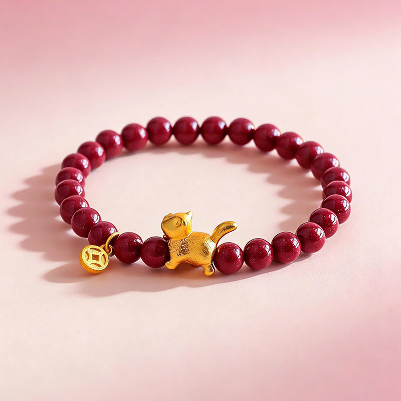 Fortune Jewel Cute Lucky Cat Charm Garnet Cinnabar Calm Protection Beaded Bracelet - Fortune Jewel