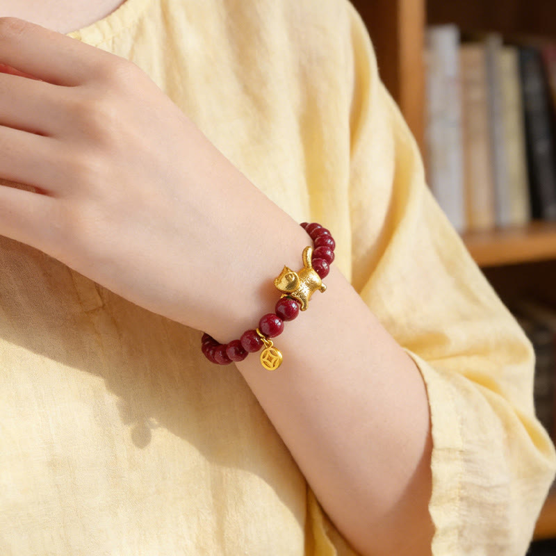 Fortune Jewel Cute Lucky Cat Charm Garnet Cinnabar Calm Protection Beaded Bracelet - Fortune Jewel