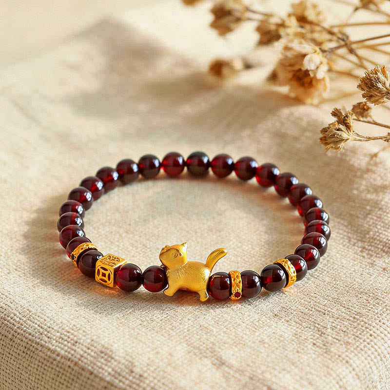 Fortune Jewel Cute Lucky Cat Charm Garnet Cinnabar Calm Protection Beaded Bracelet - Fortune Jewel