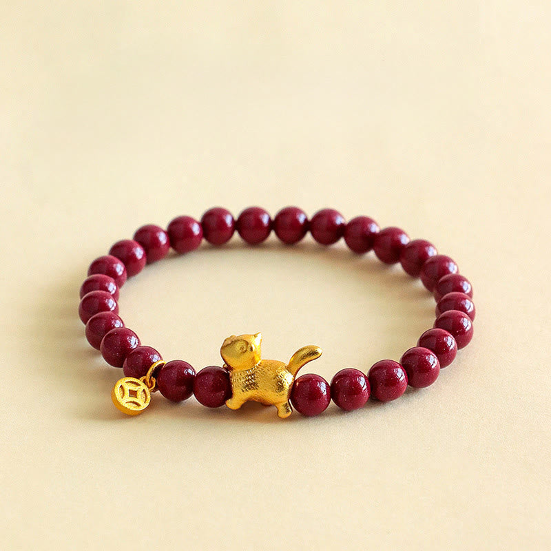 Fortune Jewel Cute Lucky Cat Charm Garnet Cinnabar Calm Protection Beaded Bracelet - Fortune Jewel