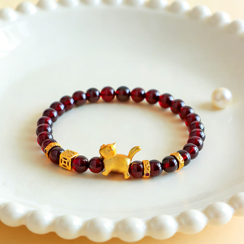 Fortune Jewel Cute Lucky Cat Charm Garnet Cinnabar Calm Protection Beaded Bracelet - Fortune Jewel