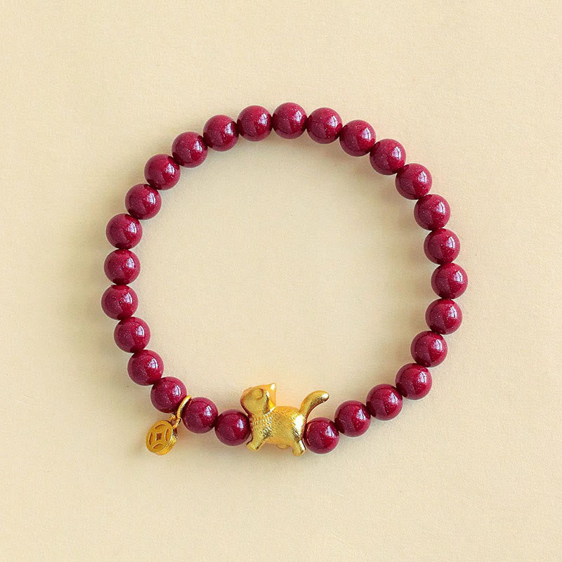 Fortune Jewel Cute Lucky Cat Charm Garnet Cinnabar Calm Protection Beaded Bracelet - Fortune Jewel