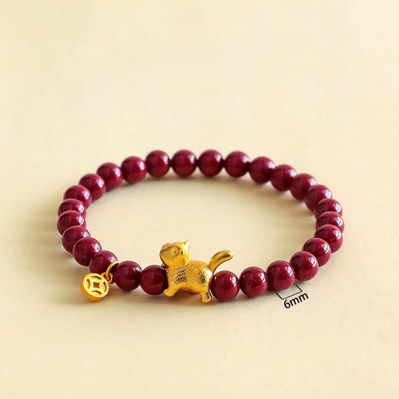 Fortune Jewel Cute Lucky Cat Charm Garnet Cinnabar Calm Protection Beaded Bracelet - Fortune Jewel