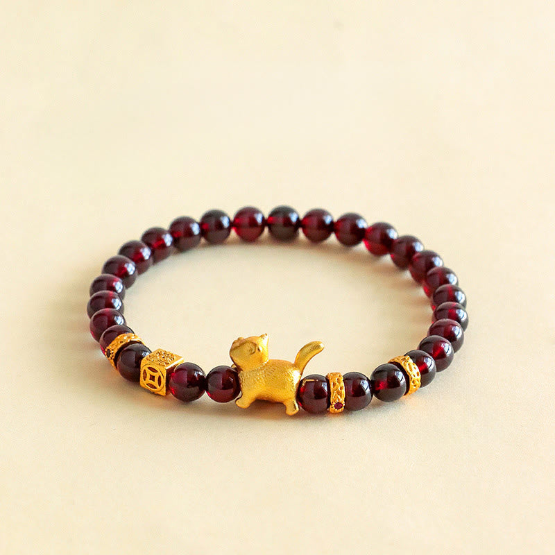 Fortune Jewel Cute Lucky Cat Charm Garnet Cinnabar Calm Protection Beaded Bracelet - Fortune Jewel