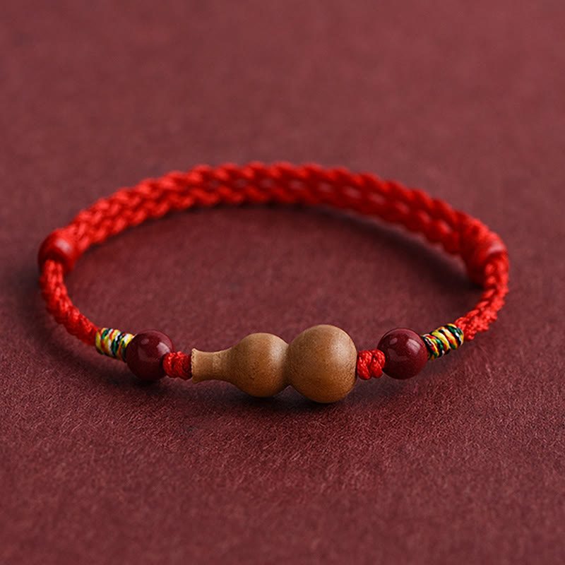 Fortune Jewel Gourd Peach Wood Rope Adjustable Wealth Luck Bracelet - Fortune Jewel