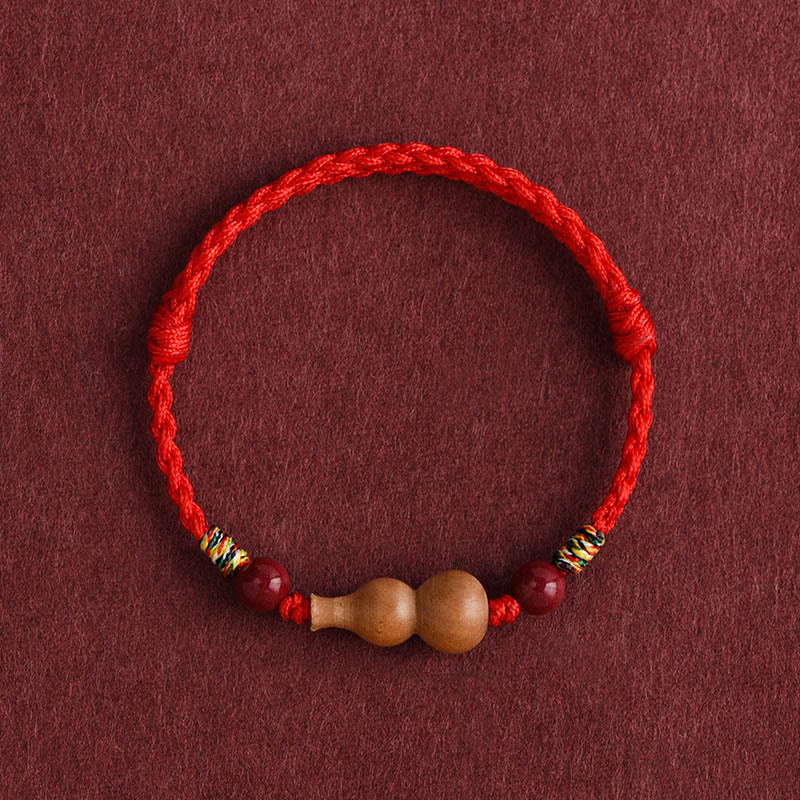 Fortune Jewel Gourd Peach Wood Rope Adjustable Wealth Luck Bracelet - Fortune Jewel