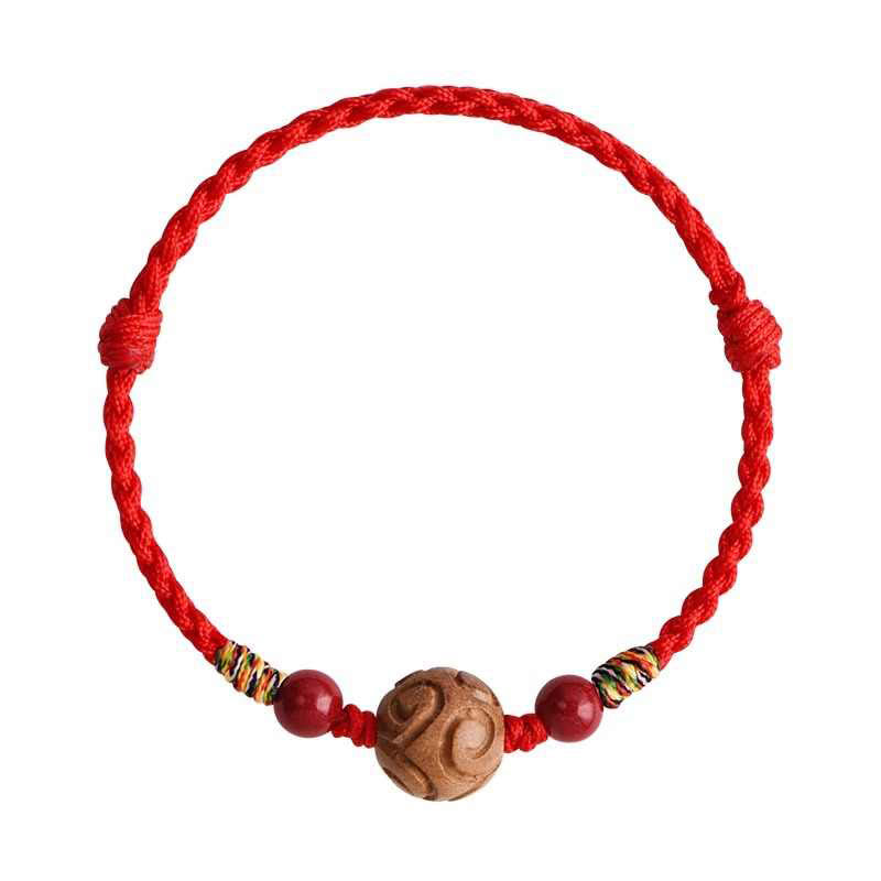 Fortune Jewel Carved Auspicious Pattern Natural Peach Wood Rope Luck Bracelet - Fortune Jewel