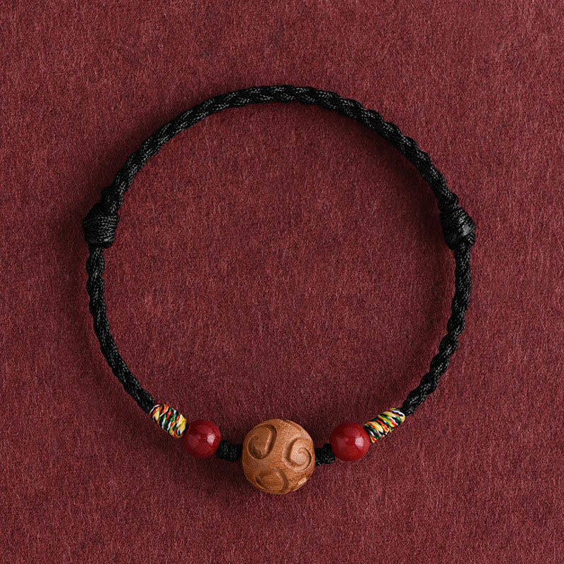 Fortune Jewel Carved Auspicious Pattern Natural Peach Wood Rope Luck Bracelet - Fortune Jewel
