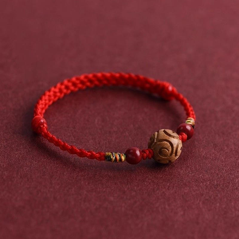 Fortune Jewel Carved Auspicious Pattern Natural Peach Wood Rope Luck Bracelet - Fortune Jewel