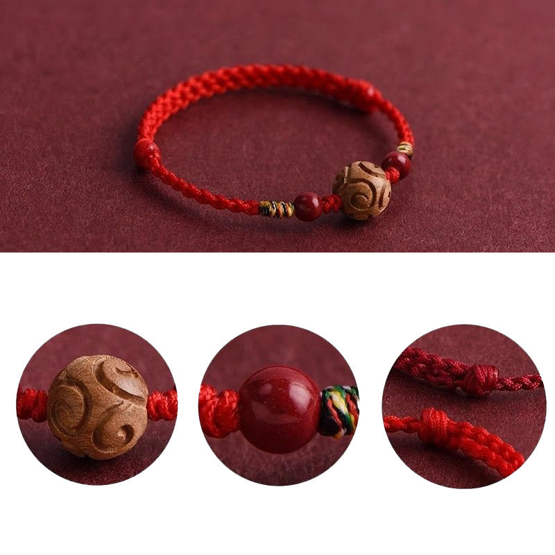 Fortune Jewel Carved Auspicious Pattern Natural Peach Wood Rope Luck Bracelet - Fortune Jewel
