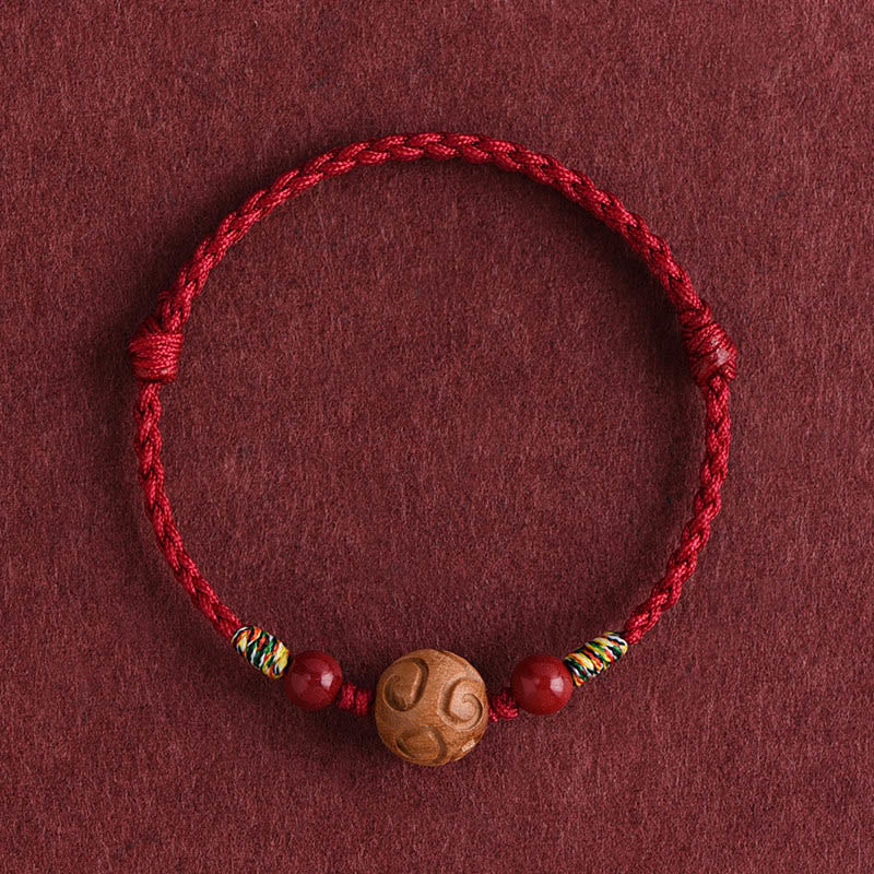 Fortune Jewel Carved Auspicious Pattern Natural Peach Wood Rope Luck Bracelet - Fortune Jewel