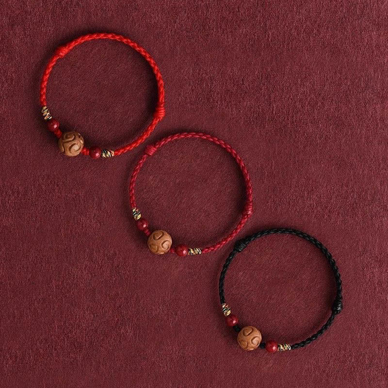 Fortune Jewel Carved Auspicious Pattern Natural Peach Wood Rope Luck Bracelet - Fortune Jewel