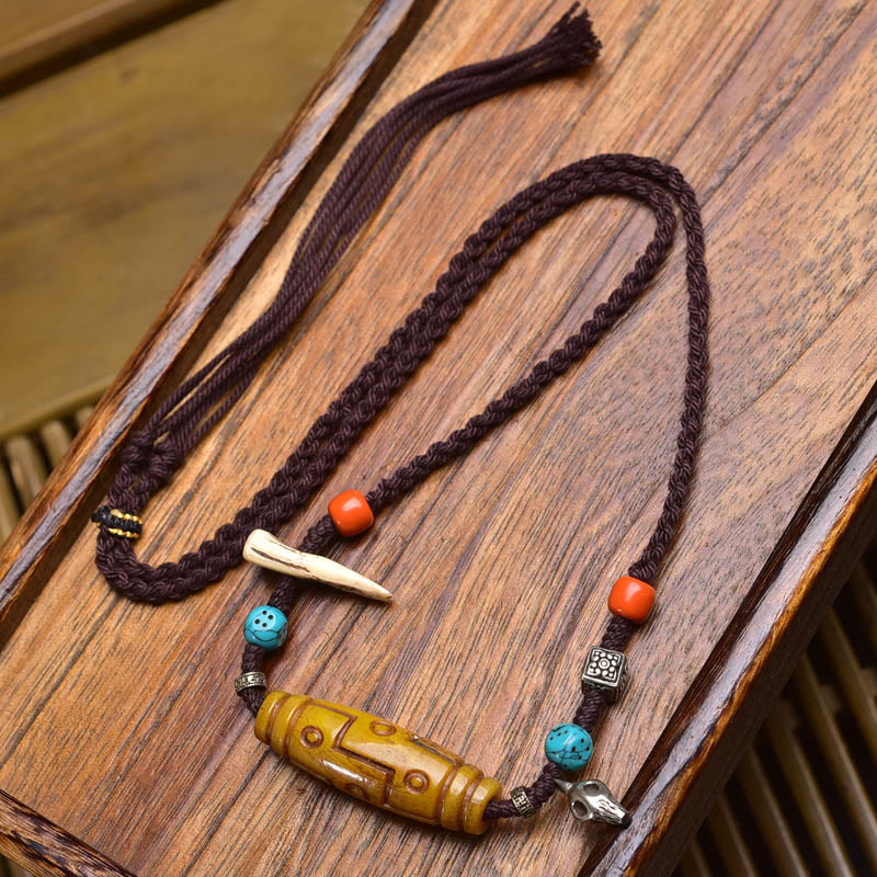 Fortune Jewel Copper Nine-Eye Dzi Bead Bone Bead Luck Balance Necklace Pendants - Fortune Jewel