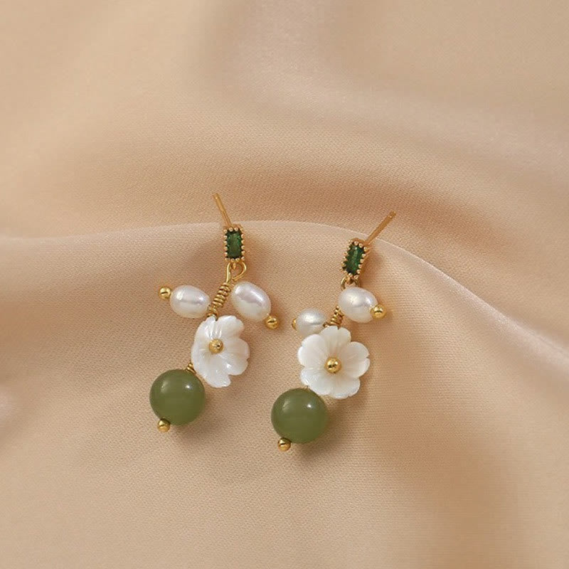 Fortune Jewel Hetian Jade Pearl Bead Flower Prosperity Abundance Earrings - Fortune Jewel