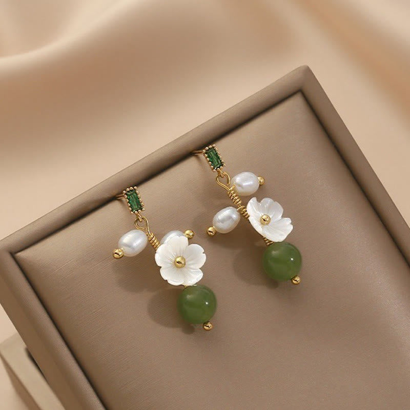 Fortune Jewel Hetian Jade Pearl Bead Flower Prosperity Abundance Earrings - Fortune Jewel