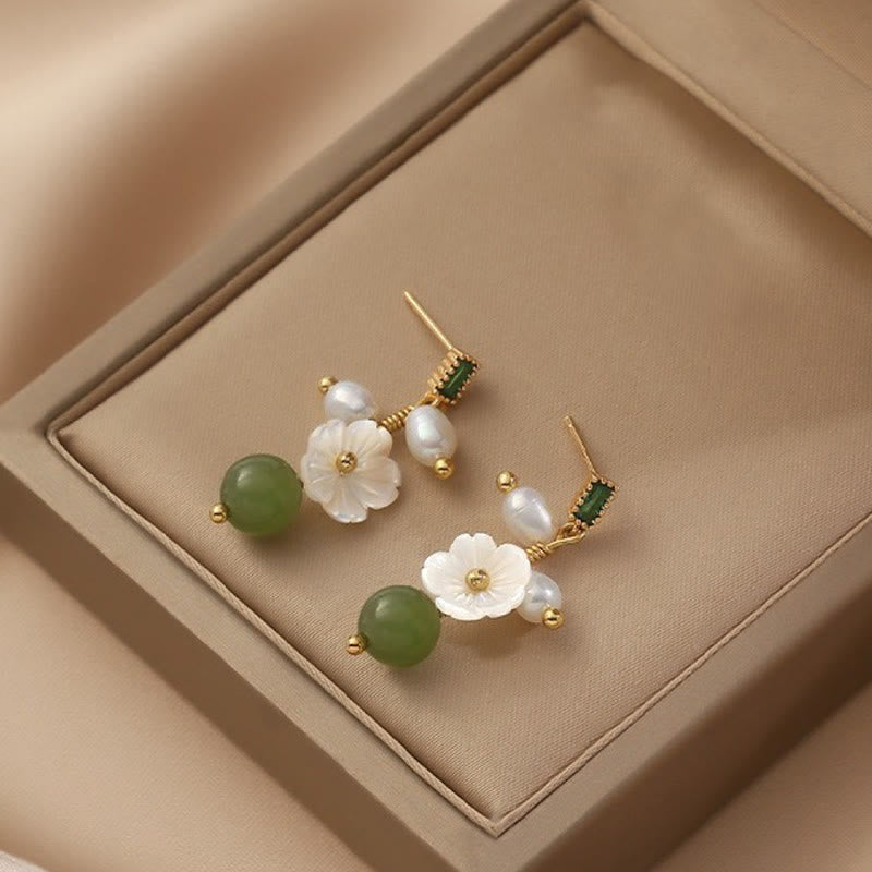 Fortune Jewel Hetian Jade Pearl Bead Flower Prosperity Abundance Earrings - Fortune Jewel