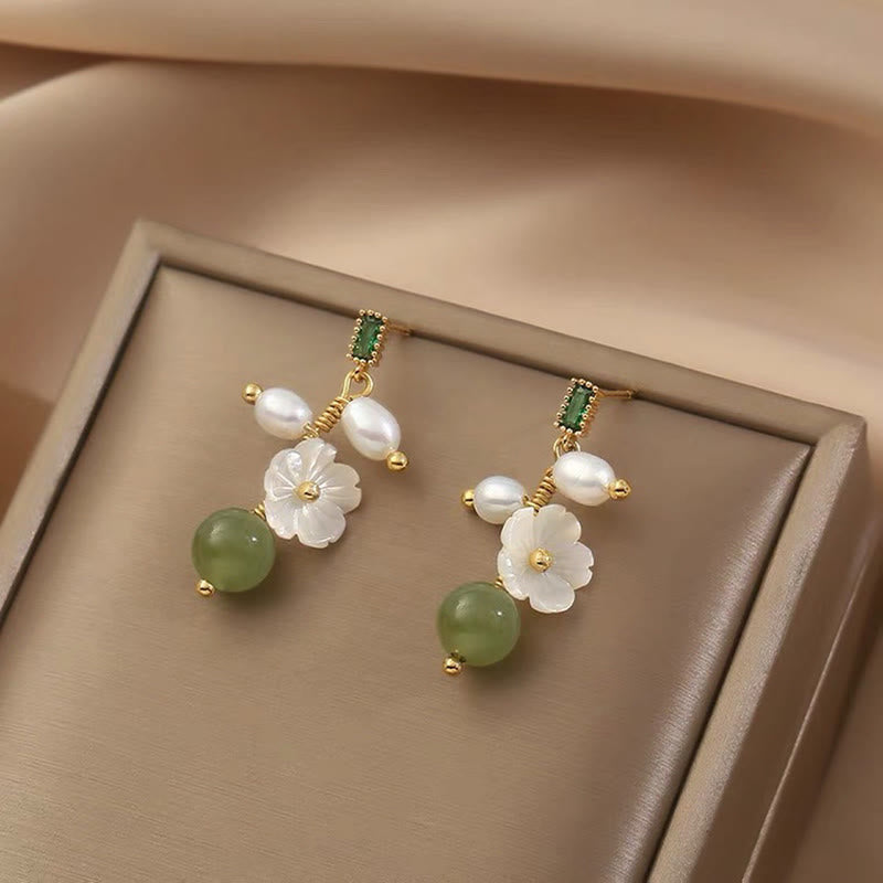Fortune Jewel Hetian Jade Pearl Bead Flower Prosperity Abundance Earrings - Fortune Jewel