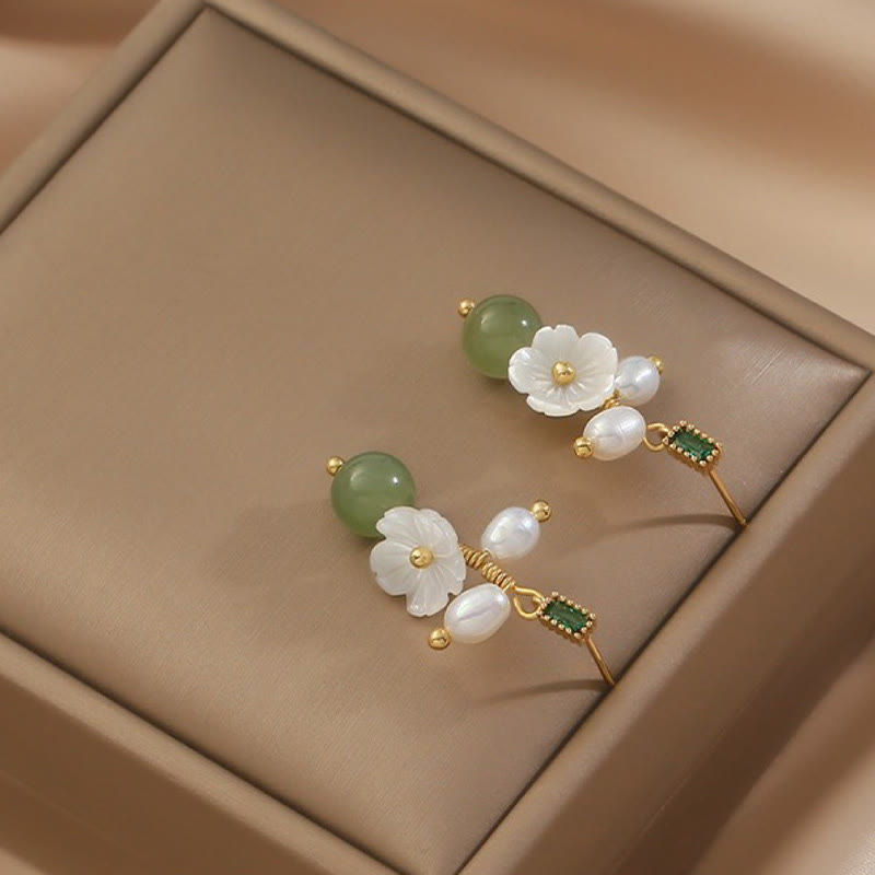 Fortune Jewel Hetian Jade Pearl Bead Flower Prosperity Abundance Earrings - Fortune Jewel