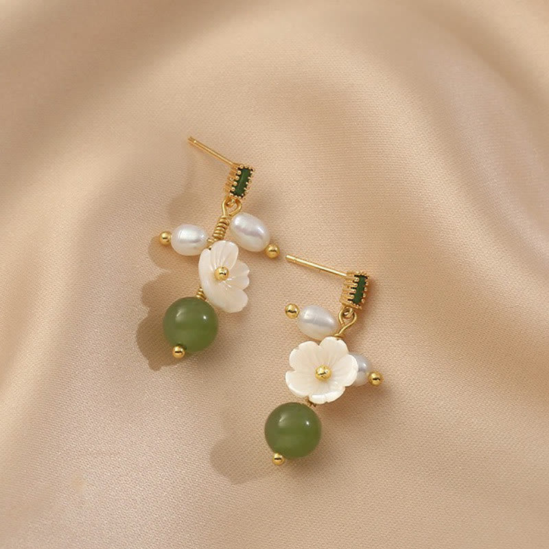 Fortune Jewel Hetian Jade Pearl Bead Flower Prosperity Abundance Earrings - Fortune Jewel