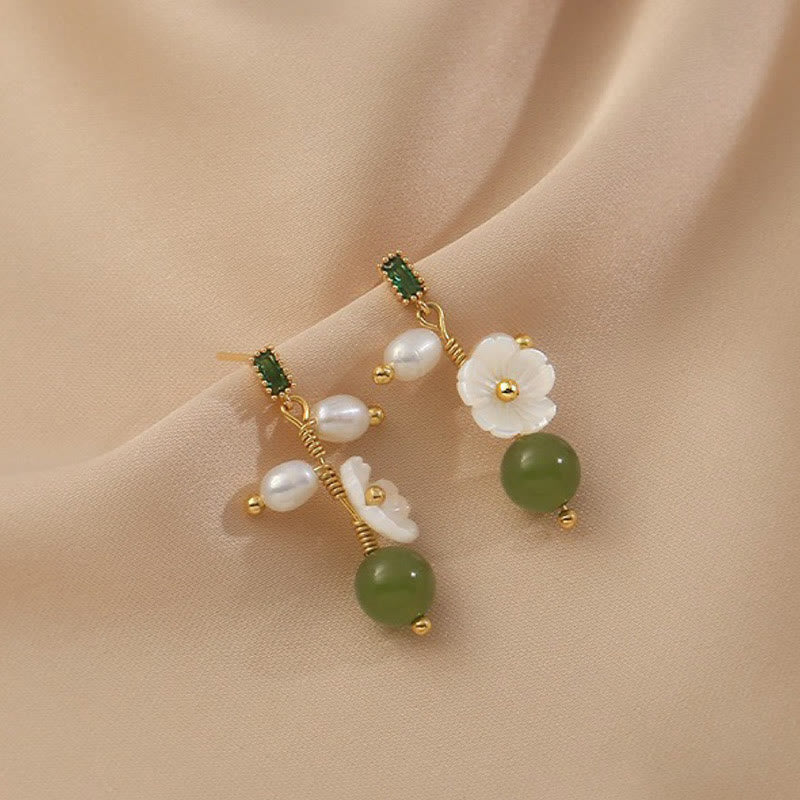 Fortune Jewel Hetian Jade Pearl Bead Flower Prosperity Abundance Earrings - Fortune Jewel