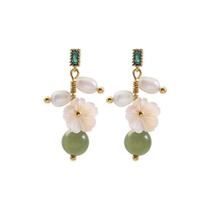 Fortune Jewel Hetian Jade Pearl Bead Flower Prosperity Abundance Earrings - Fortune Jewel