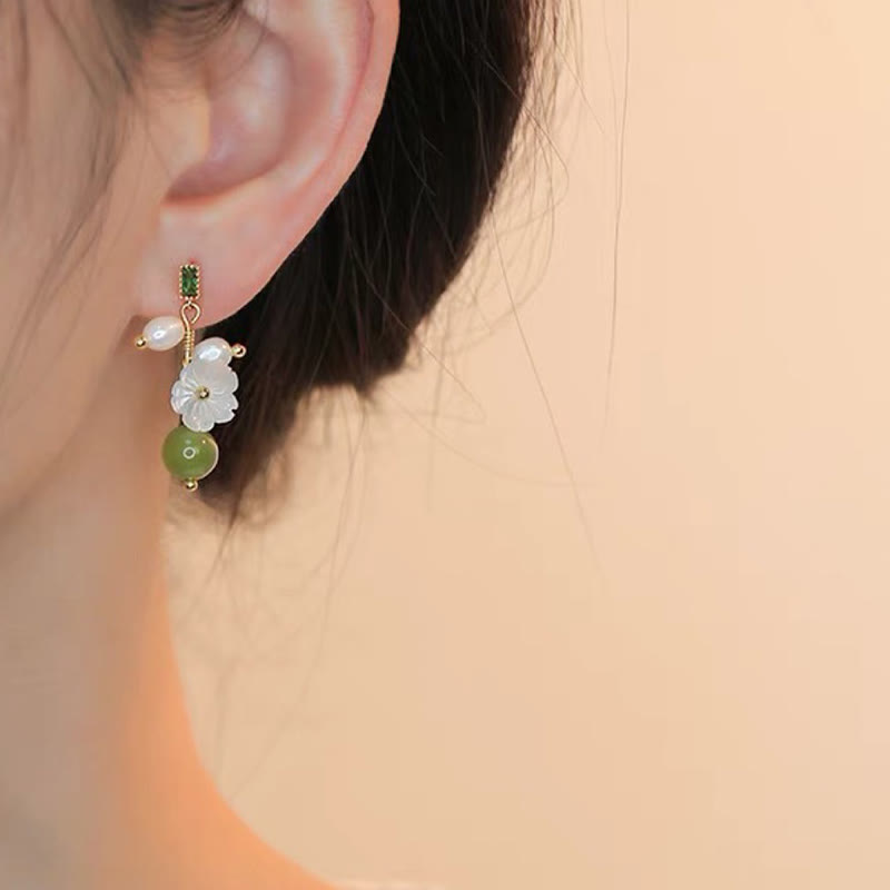 Fortune Jewel Hetian Jade Pearl Bead Flower Prosperity Abundance Earrings - Fortune Jewel