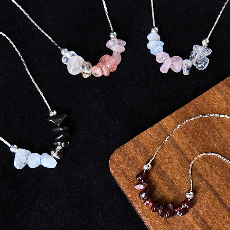 Buddha Stones Black Obsidian Smoky Quartz Garnet Aquamarine Strawberry Quartz Pink Crystal Strength Necklace Pendant - Fortune Jewel