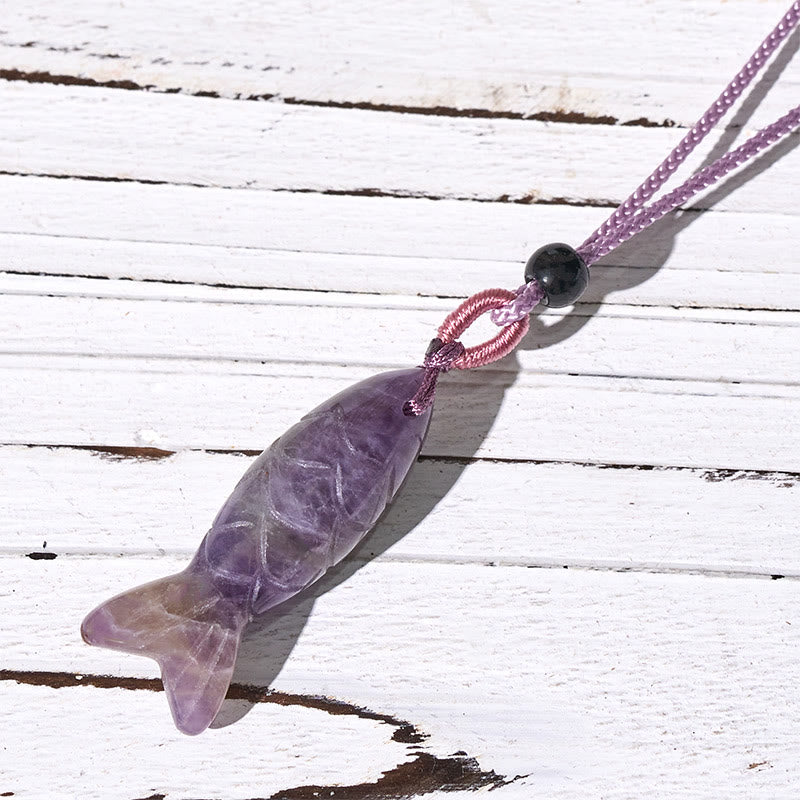 Fortune Jewel Carving Koi Fish Pink Crystal Indian Agate Amethyst Warmth Prosperity Necklace Pendant - Fortune Jewel