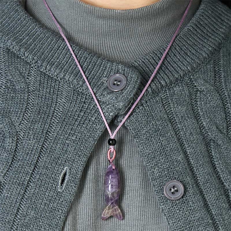 Fortune Jewel Carving Koi Fish Pink Crystal Indian Agate Amethyst Warmth Prosperity Necklace Pendant - Fortune Jewel