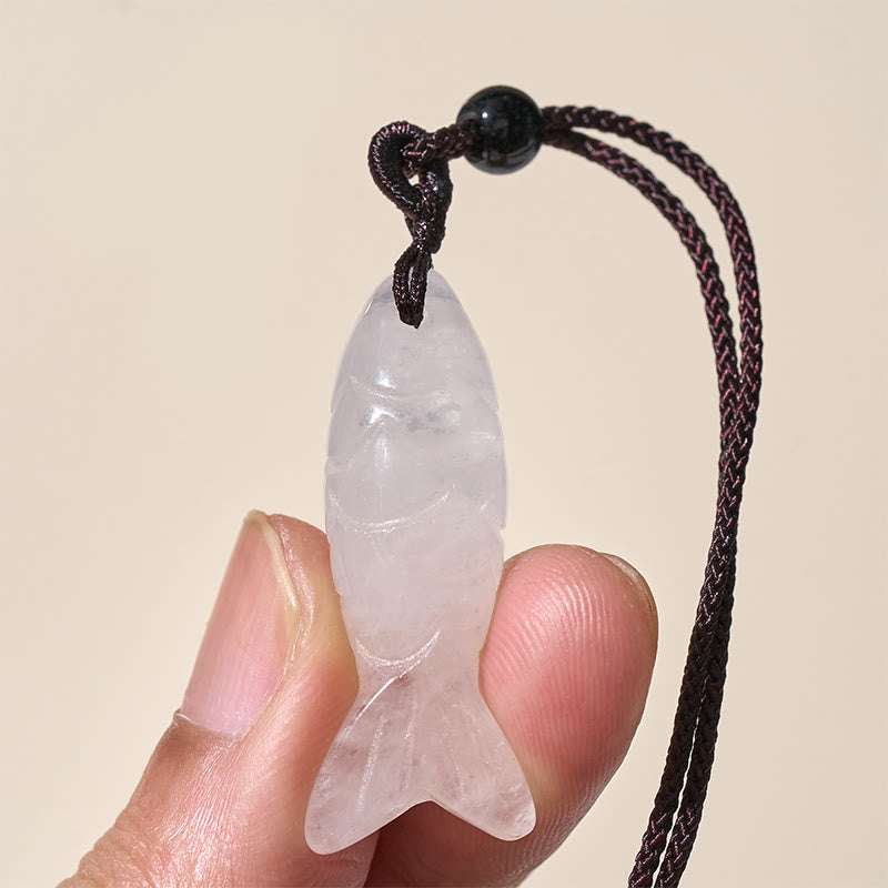 Fortune Jewel Carving Koi Fish Pink Crystal Indian Agate Amethyst Warmth Prosperity Necklace Pendant - Fortune Jewel